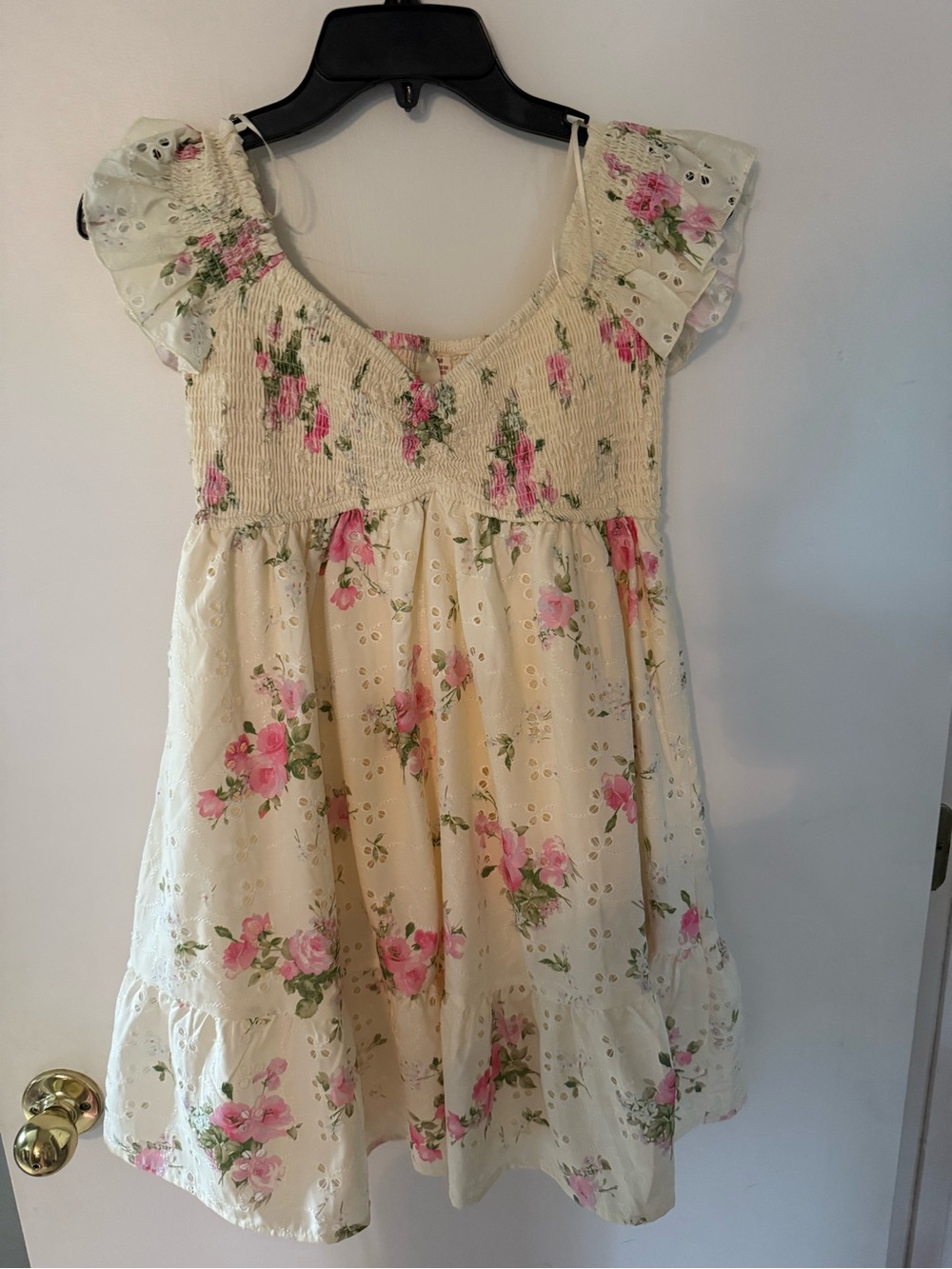 Pale Yellow Floral Smocked Sundress for Girls - Pink Rose Print